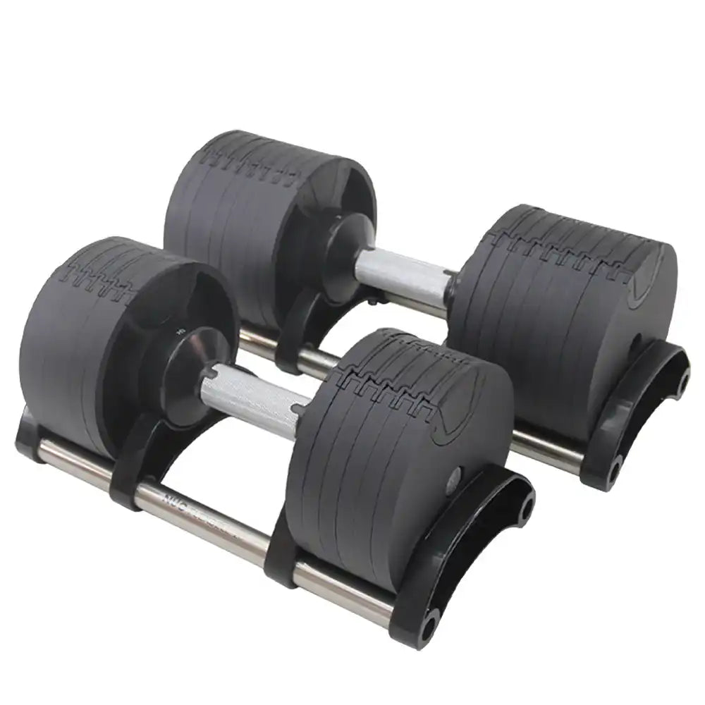 Adjustable dumbbell set with multiple weight plates and a secure locking mechanism for versatile home strength training.
