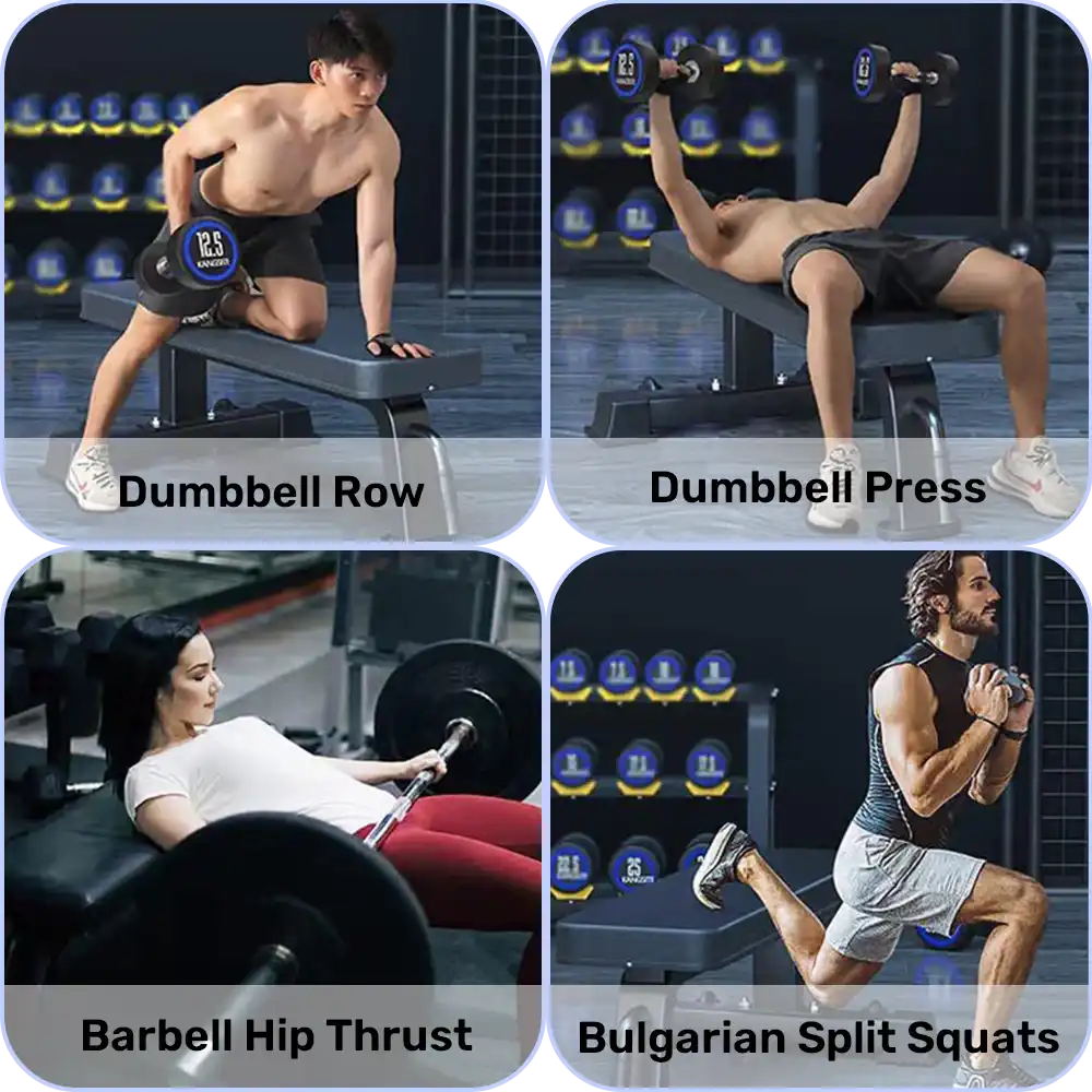 People performing various strength exercises including dumbbell row, dumbbell press, barbell hip thrust, and Bulgarian split squats in the gym