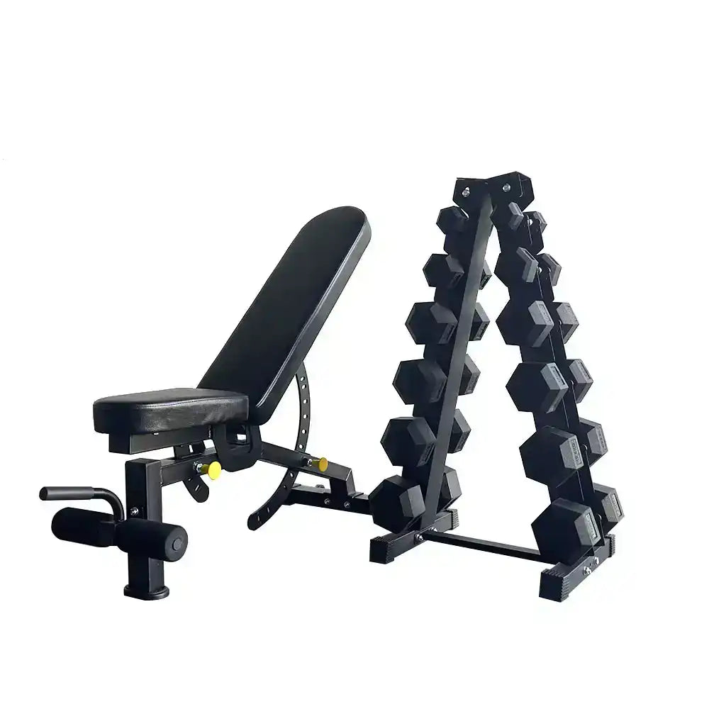 set of 2.5/5/7.5/10/12.5/15kg hex dumbbell + a shape 6 pairs dumbbell rack + adjustable decline bench