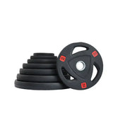 Set of black tri-grip weight plates with a 10kg weight plate on white background