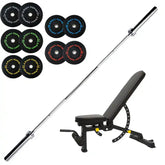 a set of 150kg bumper plate with adjustable decline bench with 20kg bar