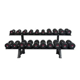 Two-tier rack with round black dumbbells ranging from 2.5kg to 25kg for gym workouts