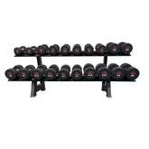 Set of black round dumbbells on two-tier rack with weights from 7.5 to 30 kg