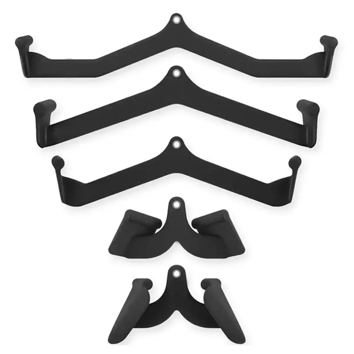 Set of 5 black metal wall-mounted guitar hangers with padded supports