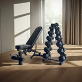 hex dumbbell package with weight bench on the floor