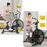 Woman using an exercise bike with labeled features and specifications.