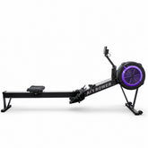 A black air rower exercise machine with a purple-accented flywheel and white 'AIR ROWER' branding, shown from a side profile on a clean white background.