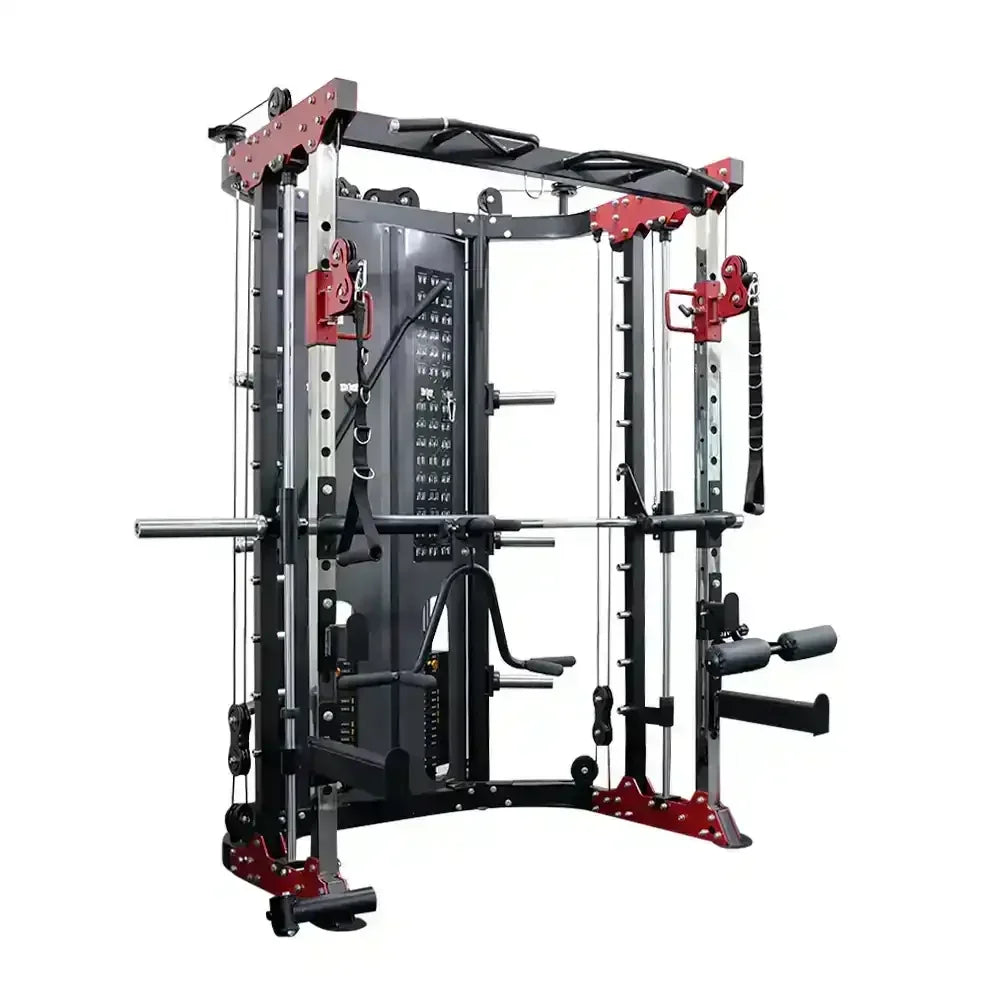 Multi-functional gym machine BL181 with pulleys, cables, weight stacks, pull-up bar, and various attachments for strength training exercises.