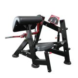 bicep curl machine with red handle bar on a white background