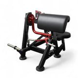 Commercial biceps curl machine with black padded armrest and seat, red and black frame