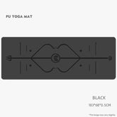 Black PU yoga mat with central alignment markings and symbols, 183x68x0.5 cm