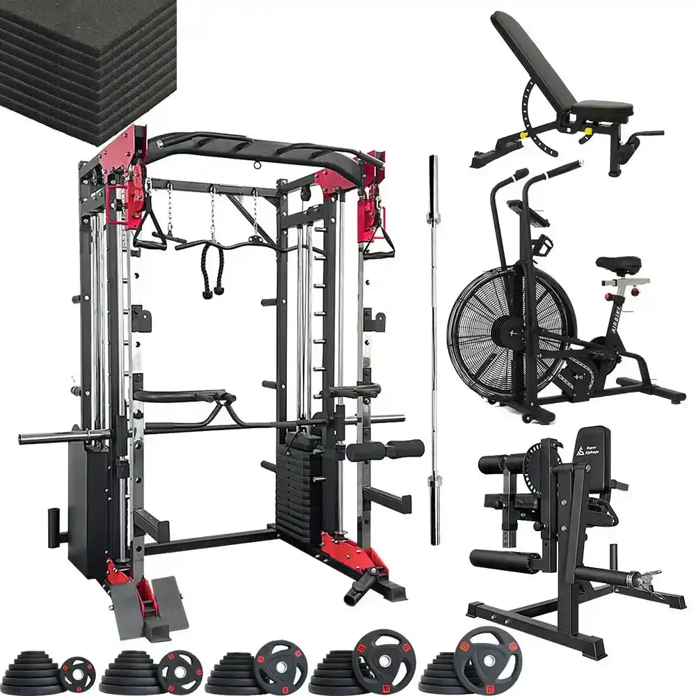 Gym equipment set including a power rack smith machine, leg extension machine, air bike, bench, weight plates, and barbell on a white background.