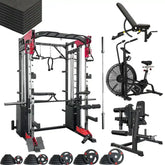 Gym equipment set including a power rack smith machine, leg extension machine, air bike, bench, weight plates, and barbell on a white background.