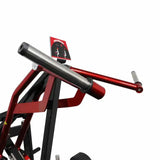 silver olympic sleeve with Red and black chest press machine frame on a white background