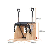 Wooden exercise machine with dimensions labelled on a white background