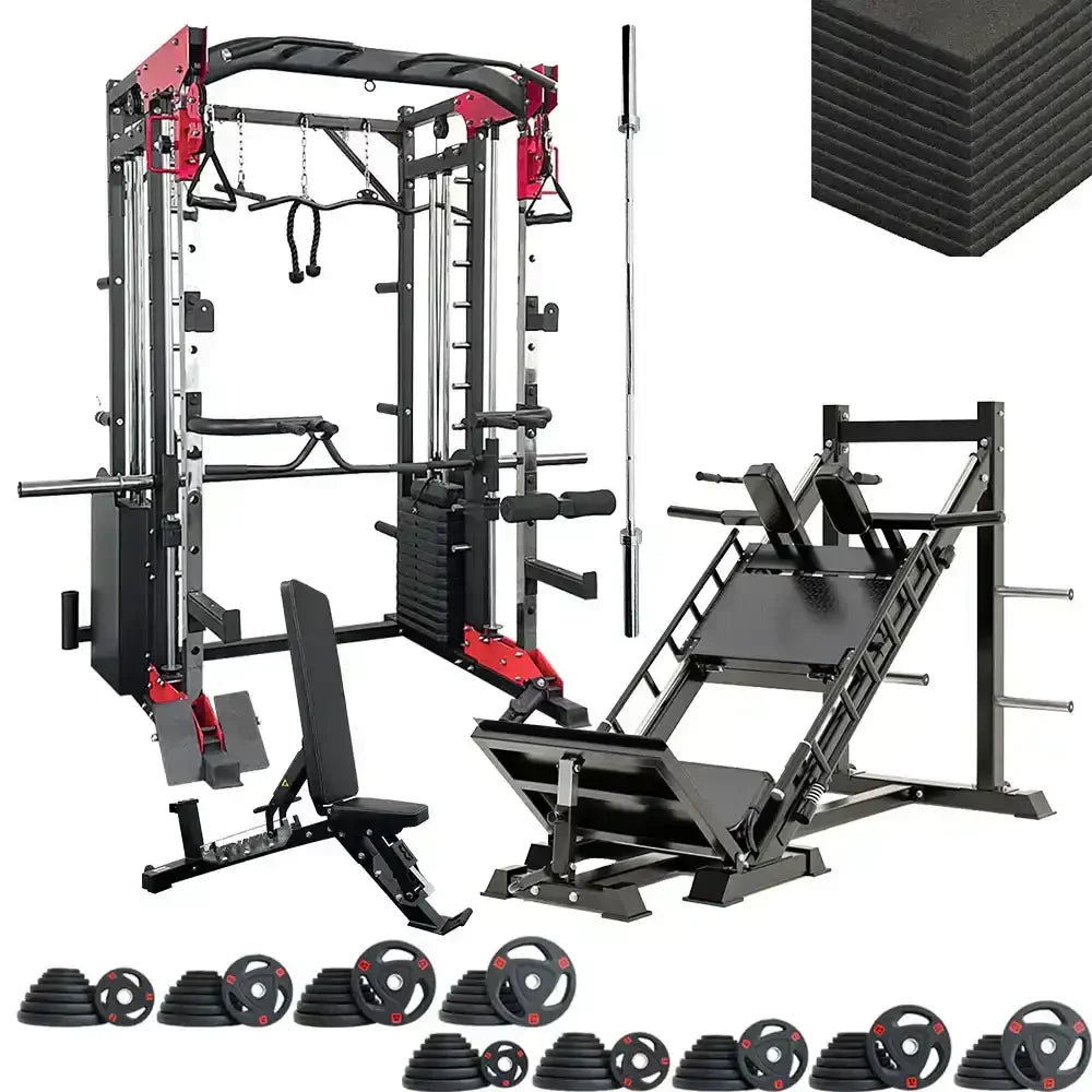 Gym equipment set including a power rack smith machine, leg press machine, bench, weight plates, and barbellon a white background.