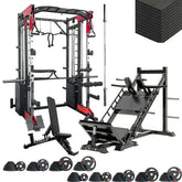 Gym equipment set including a power rack smith machine, leg press machine, bench, weight plates, and barbellon a white background.