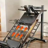leg press and hack squat machine with adjustable angles indicated by orange arrows in a gym setting.