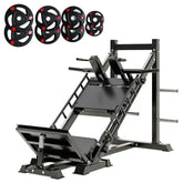 leg press machine with tri-grip weights on a white background
