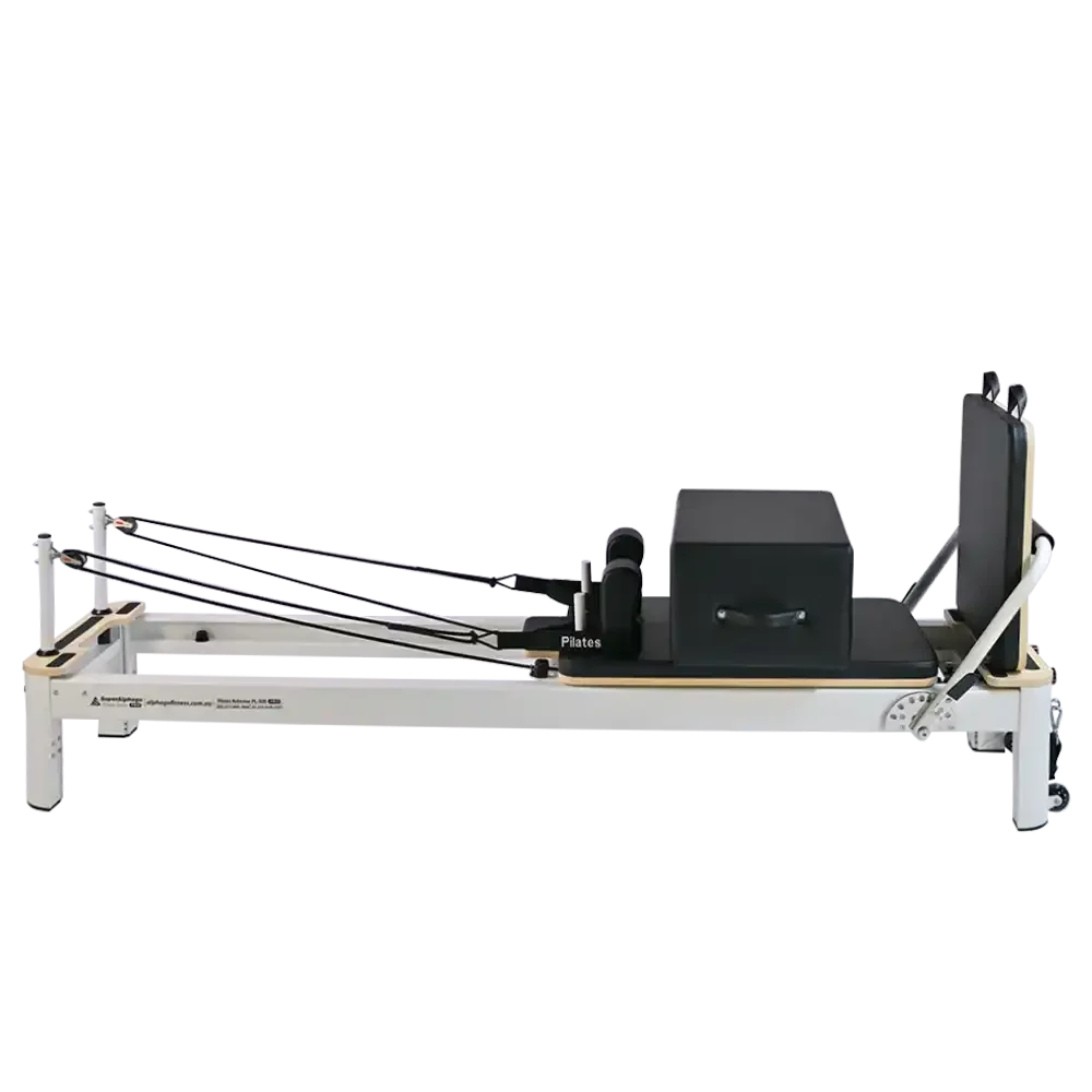 Pilates reformer machine with black carriage and footbar on white frame for fitness workouts