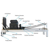 Pilates reformer pl-500 pro with labelled parts description