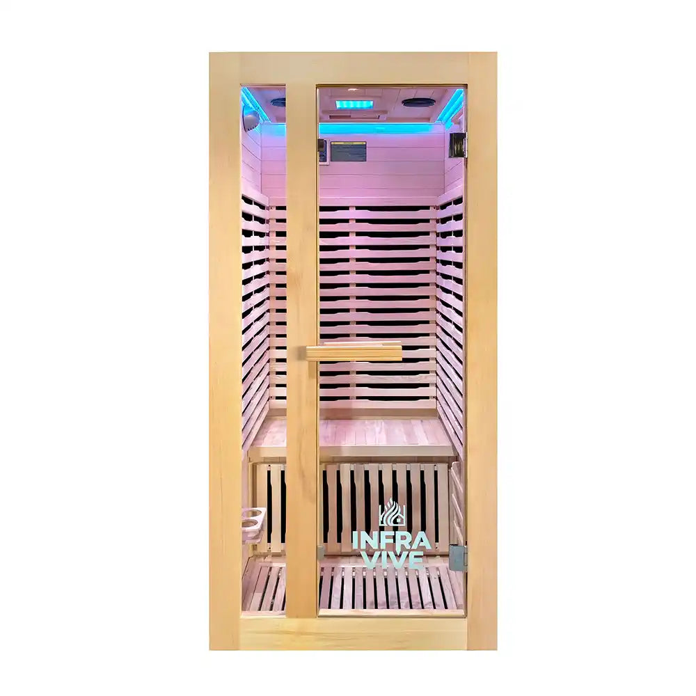 A wooden 1 person infrared sauna with pink and blue LED lighting inside, featuring a double door with glass panels and the brand name 'INFRA VIVE' on the lower right door.