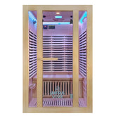 A wooden 2 person infrared sauna with LED lighting, featuring a light wood exterior, slatted interior walls, a wooden bench, and a digital temperature display on the upper left door.
