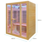 A wooden 3 person infrared sauna cabin with glass doors and interior LED lighting, shown with dimension labels indicating 1500 mm width, 1900 mm height, and 1100 mm depth.