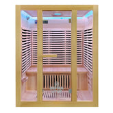 A wooden indoor 3 person sauna with a glass door, interior LED lighting, built-in seating, and slatted walls. The brand name 'INARA' is visible on the lower glass panel.