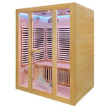 A wooden infrared 3 person sauna with glass doors, featuring light natural wood panels, interior shelves, and a pinkish-red ambient light inside, shown on a plain white background.