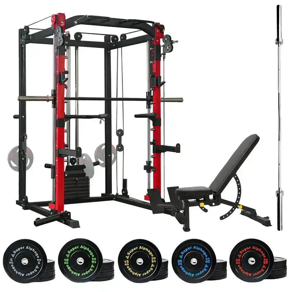 Black and red power rack with adjustable bench, barbell, and colorful weight plates for strength training