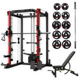 Multi-function gym machine with red and black frame, weight plates, barbell, and adjustable workout bench