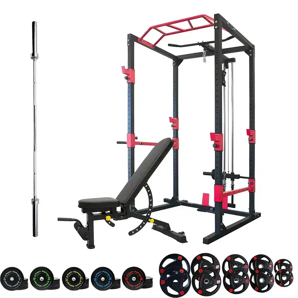 home Gym equipment set including a power rack, barbell, bench, and weight plates on a white background