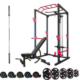 home Gym equipment set including a power rack, barbell, bench, and weight plates on a white background
