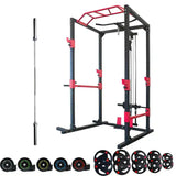 Gym power rack with weight plates and barbell on a white background