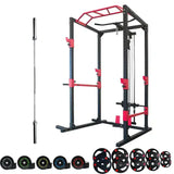 Gym power rack with weight plates and barbell on a white background