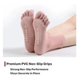 Pink five-toe pilates and yoga socks with description
