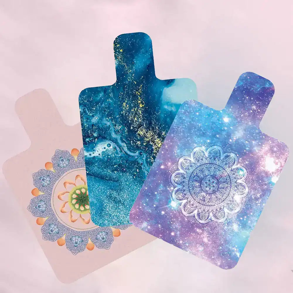 Three colorful abstract reformer mat design on a plain background