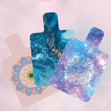 Three colorful abstract reformer mat design on a plain background