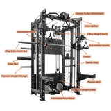 multi functional smith machine with labelled components on a white background
