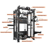 Multi-functional black gym power rack with labeled parts including Smith bar, chin-up bar, weight stacks, J hook, spotter arm, and foot pedal