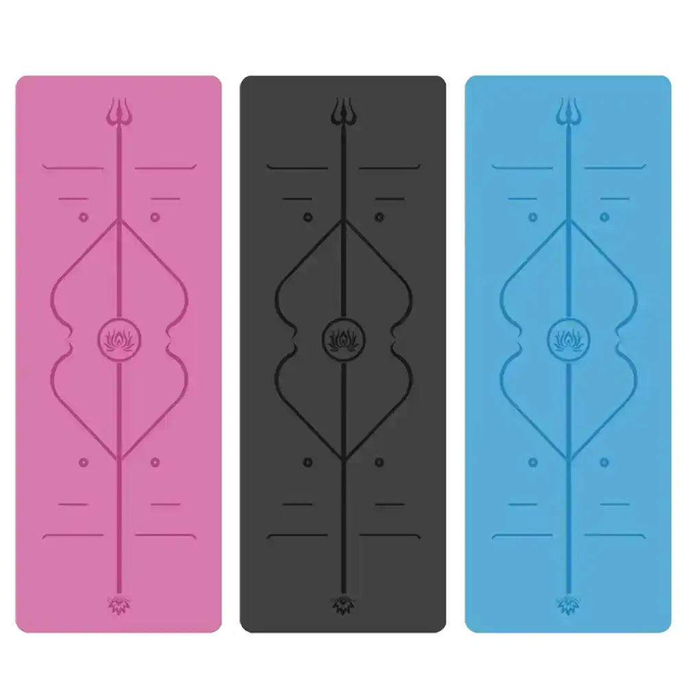 Three yoga mats in pink, black, and blue with a central design.