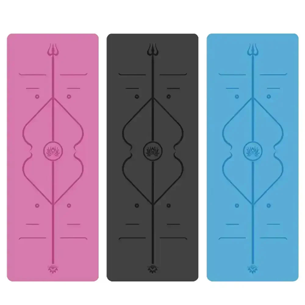 Three yoga mats in pink, black, and blue with a central design.