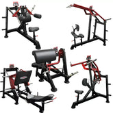 Set of five commercial black and red gym strength machines for seated and leg workouts