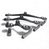 Set of three commercial cable machine attachments with textured metal handles on white background