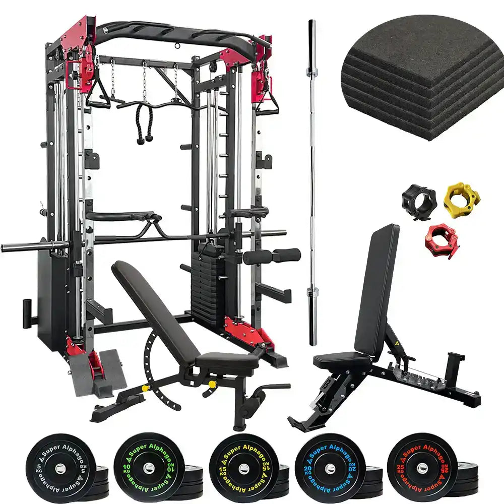 Gym equipment set including a power rack, bench, weight plates, and accessories on a white background.