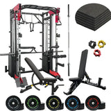 Gym equipment set including a power rack, bench, weight plates, and accessories on a white background.