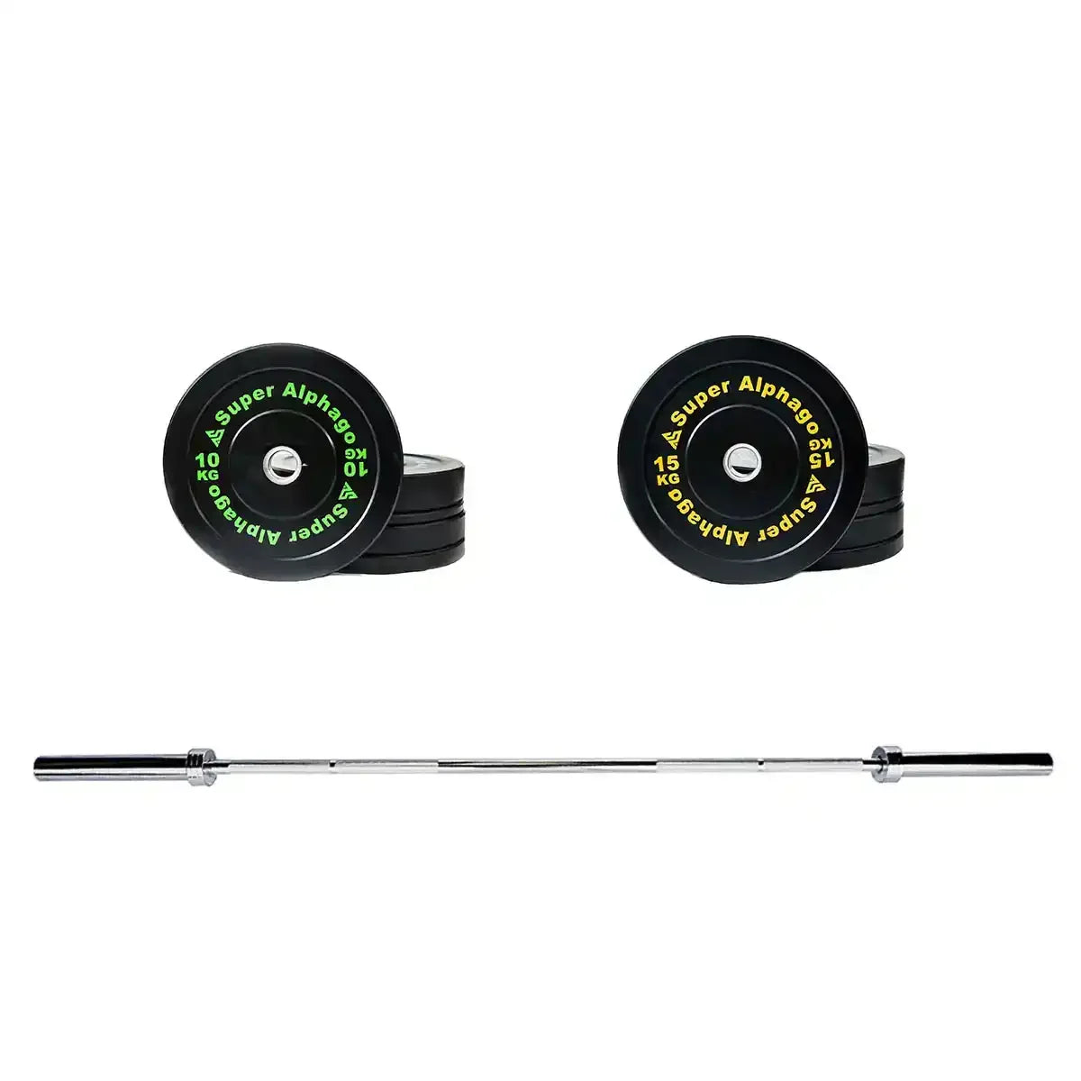 set of 10/15kg bumper plates + 20kg barbell