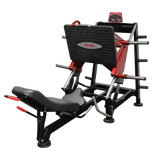 Super 45-degree leg press machine with black padded seat and red and black frame