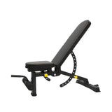 Adjustable black decline workout bench with padded seat and backrest on white background